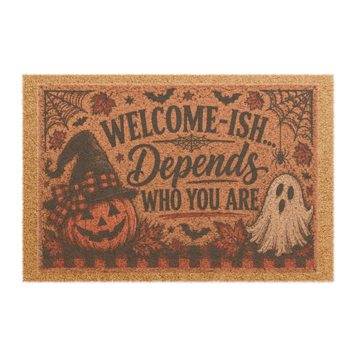 "Welcome-ish Depends Who You Are" Doormat | Funny Ghost Welcome Mat