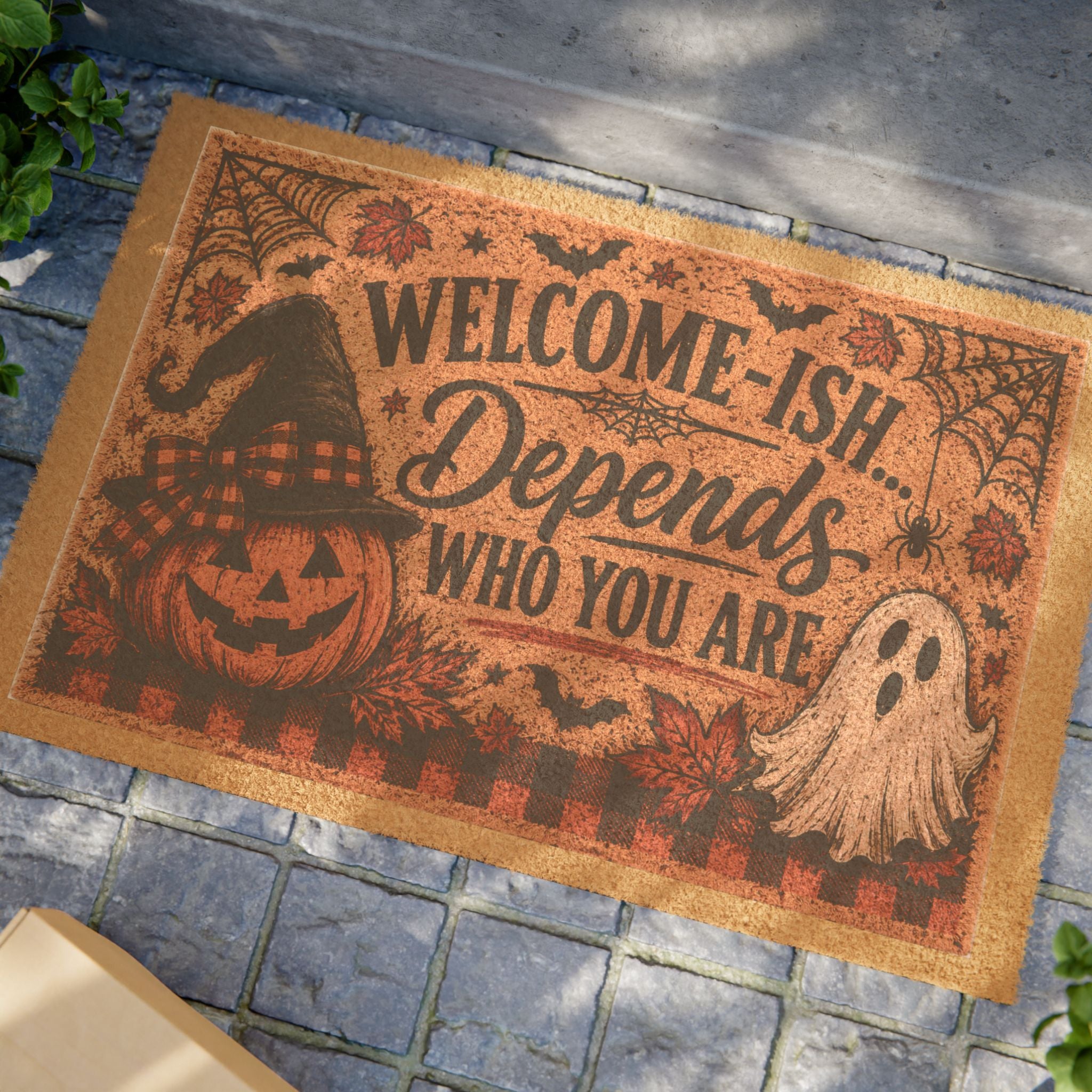 "Welcome-ish Depends Who You Are" Doormat | Funny Ghost Welcome Mat