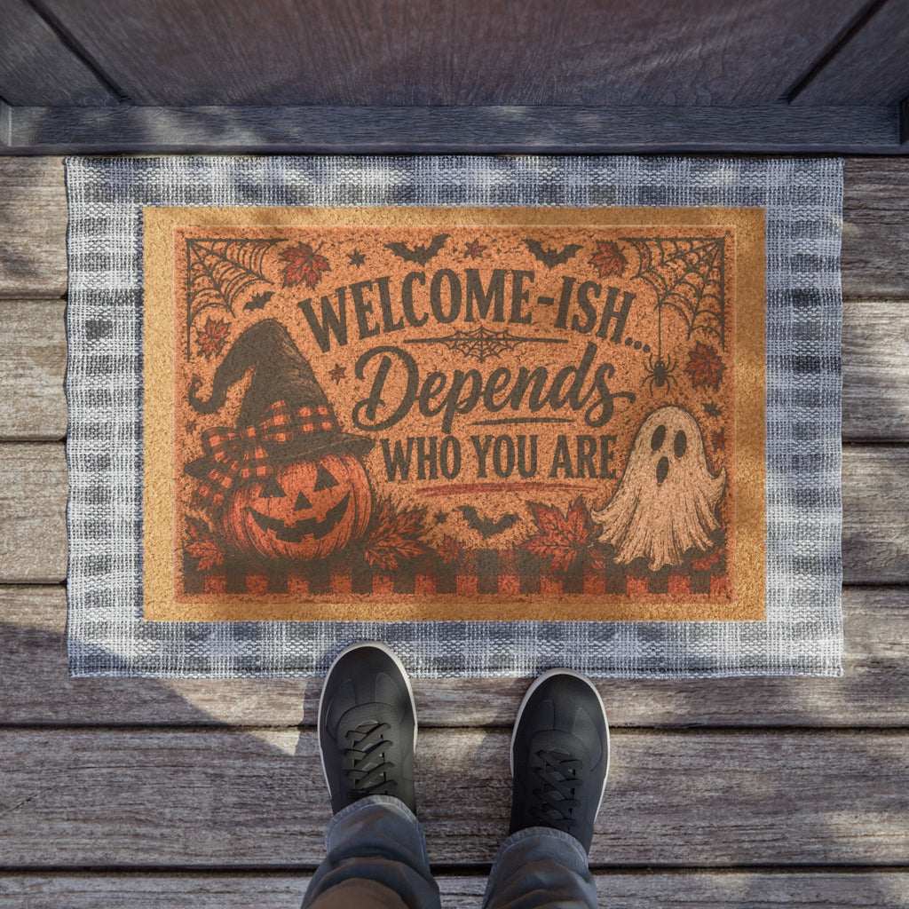 "Welcome-ish Depends Who You Are" Doormat | Funny Ghost Welcome Mat