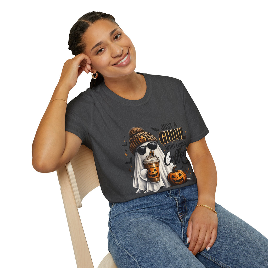 Just a Ghoul Who Loves Coffee T-Shirt —  Funny Ghost Coffee Graphic Tee | Cozy Fall Unisex Shirt